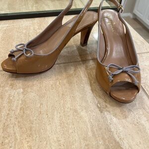 Cole Haan Tan Peep-Toe Heels with Gray Bow